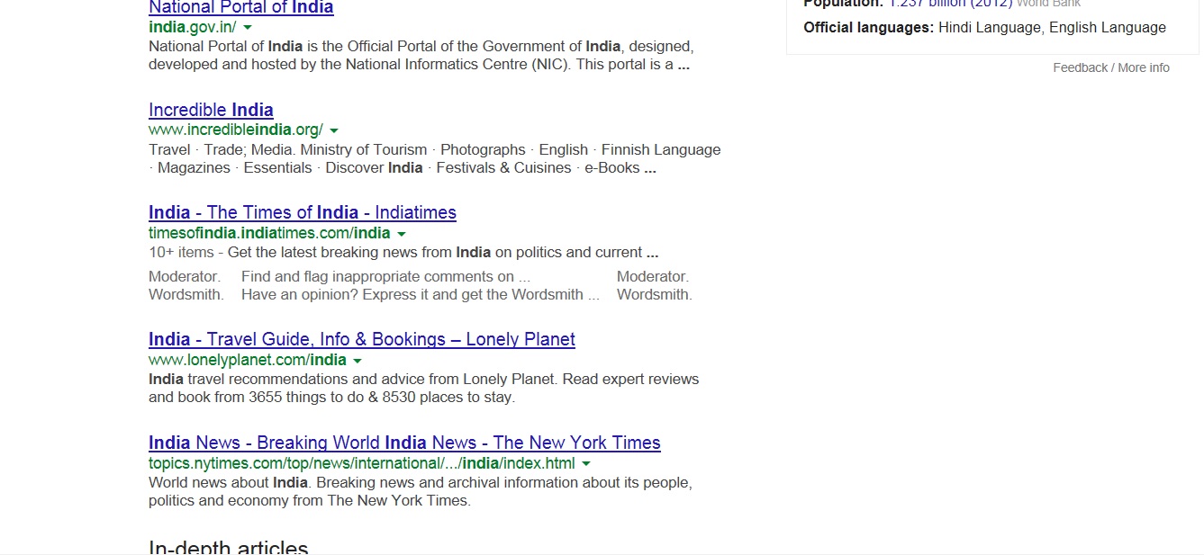 Search results for India in Google